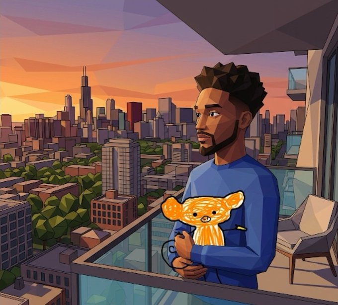 A digital illustration shows a man with a beard, wearing a blue sweater featuring a cartoon orange monkey, gazing over a balcony at a sunset cityscape with the Willis Tower visible in the skyline. The cartoon monkey on his sweater visually represents the $MOJO memecoin mascot mentioned in the post, tying the character directly to its branding.