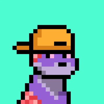 A pixel art character wearing a purple outfit and an orange visor cap stands against a turquoise background.