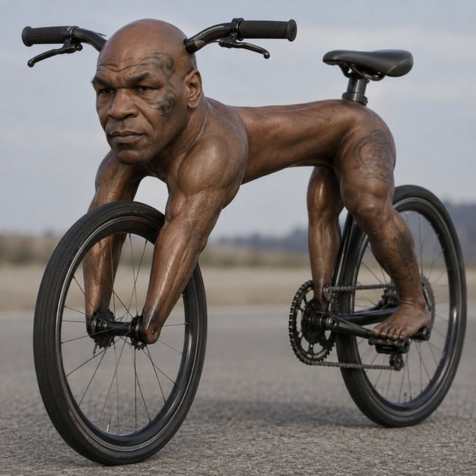 A surreal image showing Mike Tyson positioned horizontally as the frame of a bicycle, using his hands to steer the front wheel while his feet pedal the back, set on an empty road.