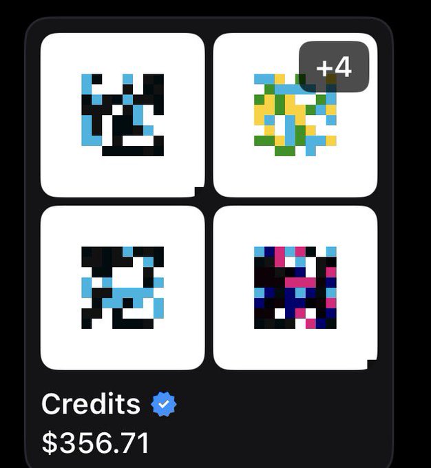 A dark-themed dashboard showing four pixelated NFT-style images in a grid, with a 'Credits' balance of $356.71 displayed at the bottom.