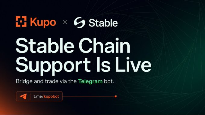 A promotional graphic announcing "Stable Chain Support Is Live" as a collaboration between Kupo and Stable, featuring the logos of both brands. The image directs users to "Bridge and trade via the Telegram bot" at t.me/kupobot, reinforcing the post's announcement that users can now bridge, deposit, buy, and sell using USDT0 via Kupo's Telegram bot.