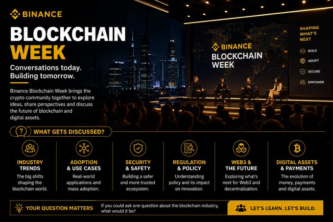 This image showcases the Binance Blockchain Week event, highlighting topics discussed including industry trends, adoption & use cases, security & safety, regulation & policy, Web3 & the future, and digital assets & payments. It connects to the post's theme by emphasizing that crypto extends beyond price charts to encompass broader industry developments and conversations.