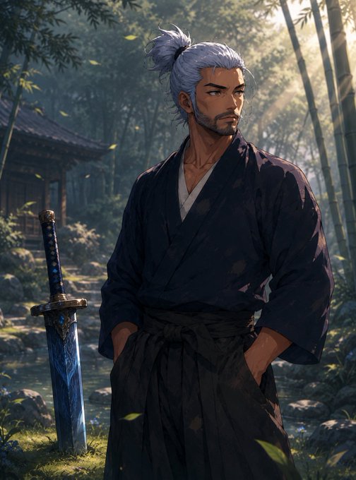 A white-haired samurai in traditional dark robes stands contemplatively in a bamboo forest beside a blue-etched katana, evoking the discipline and solitude of a warrior's path. The image pairs with the post's theme of perseverance through difficult times, symbolizing the post-Web3 journey where bull markets create ease but bear markets reveal true resilience and commitment.