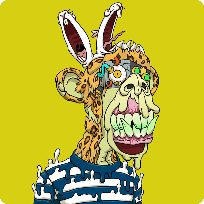 A grotesque cartoon leopard character with bulging eyes, a wide toothy grin, and exposed brain-like matter on its head, wearing a blue and white striped shirt against a solid yellow background.