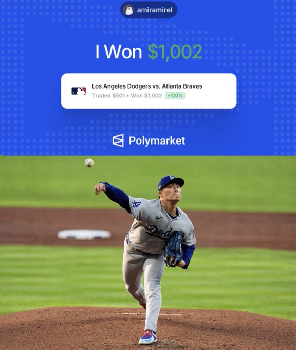 A Polymarket trading notification reads "I Won $1,002" and "Los Angeles Dodgers vs. Atlanta Braves," positioned above a photo of a Los Angeles Dodgers pitcher throwing a baseball.