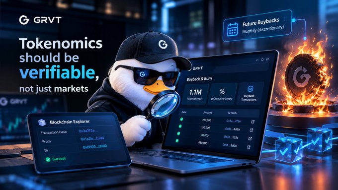 A promotional graphic for “GRVT” reads “Tokenomics should be verifiable, not just markets,” showing a penguin mascot with a magnifying glass, a blockchain explorer screen, “Future Buybacks Monthly (discretionary),” and a flaming token graphic.