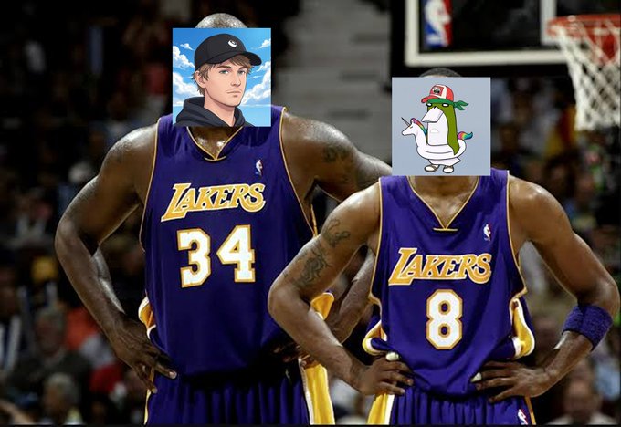 Two Los Angeles Lakers players wearing jerseys #34 (Shaquille O'Neal) and #8 (Kobe Bryant) stand with hands on hips, with anime character stickers edited over their faces.