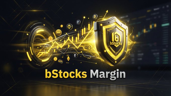 A sleek promotional graphic for "bStocks Margin" featuring a gold shield with the bStocks logo, surrounded by cryptocurrency symbols (BNB, BTC, BUSD, ETH) and an upward trending chart, with the Binance trading interface visible in the background. The image visually reinforces the announcement about tokenized stocks now being eligible as collateral for Cross Margin and Portfolio Margin on Binance, symbolizing the expanded utility and security of these assets within the platform's ecosystem.