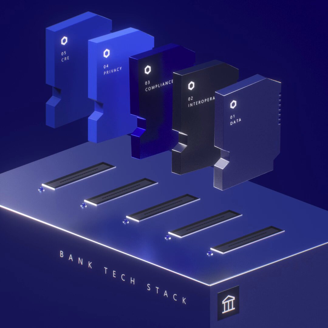 The image shows a blue box that has five different colored blocks, each labeled with numbers or letters such as "65", "69", "71", "72", and "73". The boxes are arranged in a row, with one on top of another, creating an interesting visual effect against the dark background. This arrangement could be related to the post about the "Bank Tech Stack" that talks about compliance, privacy, and orchestration within a single platform.