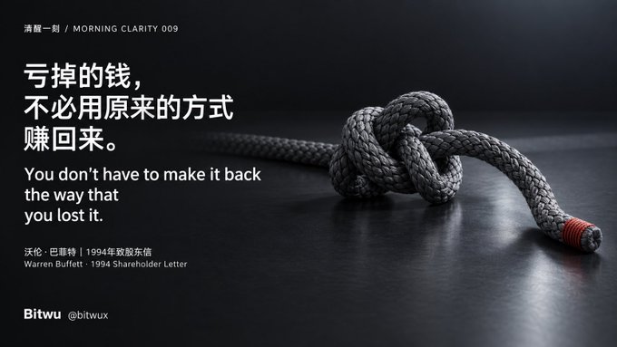 A dark, dramatic image features a knotted black rope with a red-tipped end resting on a reflective surface, paired with Warren Buffett's quote: "You don't have to make it back the way that you lost it" from his 1994 Shareholder Letter, credited to 清醒一刻 / MORNING CLARITY 009 and Bitwu/bitwux.

The knotted rope visually symbolizes the tangled, complicated path investors often take to recover losses, reinforcing the post's message to reconsider whether you would still buy an asset today rather than stubbornly holding onto past positions.