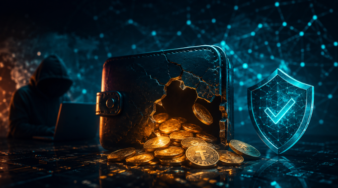 A digital illustration depicting a hooded figure at a laptop beside a cracked treasure chest spilling gold crypto coins, juxtaposed with a glowing blue digital shield icon, symbolizing cybersecurity threats and protection in the crypto space.