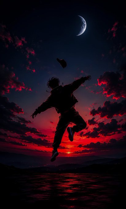 A silhouetted figure leaps dramatically beneath a crescent sky, with a small hat floating mid-air, set against a vivid red and purple horizon. The dynamic, aspirational imagery mirrors the post's message about Sleepagotchi—transforming sleep data into active, empowered steps toward better daily habits.