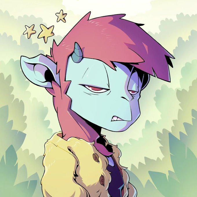 An illustration of a character with blue skin, purple hair, small horns, and a fluffy yellow jacket looking sideways.
