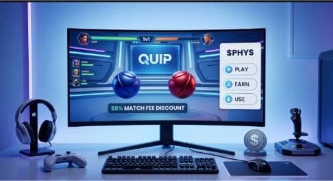 A promotional image for the QUIP gaming platform displayed on a desktop monitor, featuring a '50% MATCH FEE DISCOUNT' and highlighting the use of $PHYS tokens to play, earn, and use.