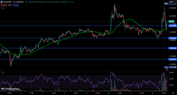 TradingView 30-minute candlestick chart for LUNA/USDT showing price action with moving averages, support/resistance levels, and an RSI indicator at the bottom.