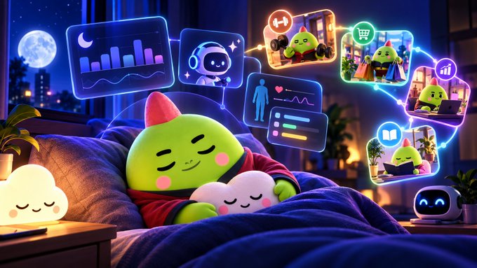 A colorful illustration of a cute green blob-like character sleeping in bed with clouds, surrounded by floating holographic screens showing fitness, health, and app icons, with a small robot nearby.