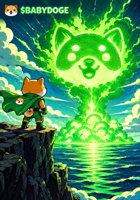 An anime-style illustration features a Shiba Inu dog wearing a green cloak standing on a cliff, looking at a giant green Shiba Inu-shaped explosion/mushroom cloud over the ocean, with the text '$BABYDOGE' in the top left.
