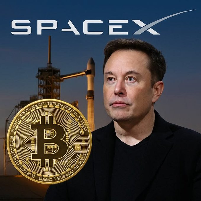 A composite image showing Elon Musk on the right with the SpaceX logo above him and a rocket launch pad in the background, alongside a large golden Bitcoin coin on the left.
