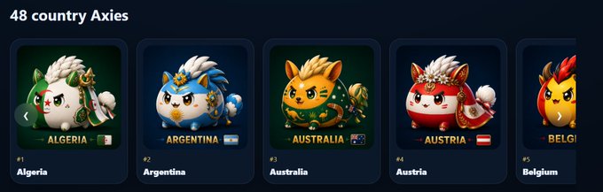 The image shows a collection of six different country-themed game characters, each with unique designs and colors. These characters are displayed side by side against a dark blue background, creating an appealing visual contrast that highlights their distinct features. The text "69 Axie World Cup Minted" is also present in the image, which could be related to the game or its theme.
