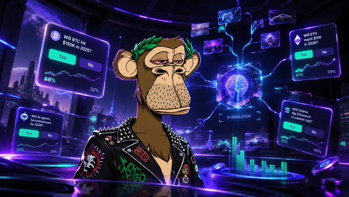 A digital illustration of an NFT-style monkey character in a cyberpunk setting surrounded by voting panels for crypto questions like "Will BTC hit $150K in 2025?" and "Will ETH reach $10K in 2026?"