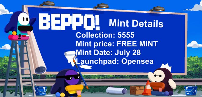 Promotional graphic for 'BEPPO!' NFT mint details with a free mint on July 28, collection size 5555, launching on Opensea, displayed on a billboard with cartoon mascot characters in the foreground.