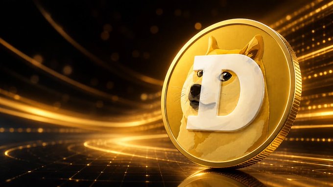 A 3D-rendered golden coin features the Dogecoin Shiba Inu dog logo embossed on it, set against a dark background with glowing golden light streaks.