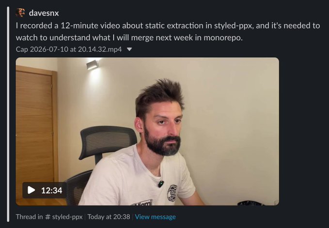 A Discord message from 'davesnx' announcing a 12-minute video about static extraction in styled-ppx, with a thumbnail showing a bearded man in a white t-shirt.