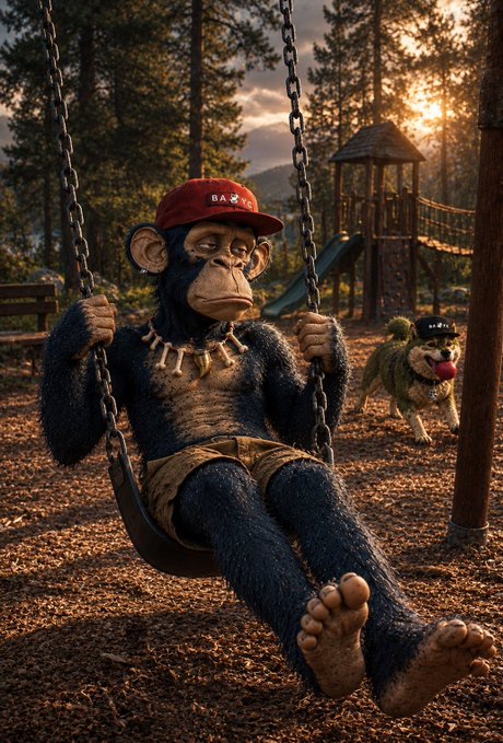 An AI-generated image of a chimpanzee wearing a red 'BAPE' cap, a bone necklace, and shorts, sitting on a swing at a playground with a dog in the background.
