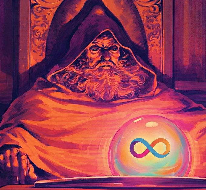 A painting-style illustration of a hooded wizard with a long beard, beside a glowing crystal ball containing an infinity symbol logo.