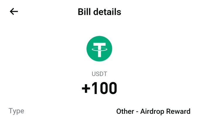 A 'Bill details' screen showing a USDT (Tether) transaction of +100 with the type labeled 'Other - Airdrop Reward'.