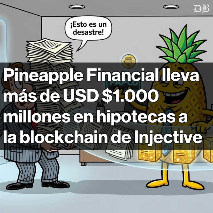 A Spanish-language financial meme featuring an animated pineapple character and a stressed man with paperwork. The text reads: 'Pineapple Financial lleva más de USD $1.000 millones en hipotecas a la blockchain de Injective'.