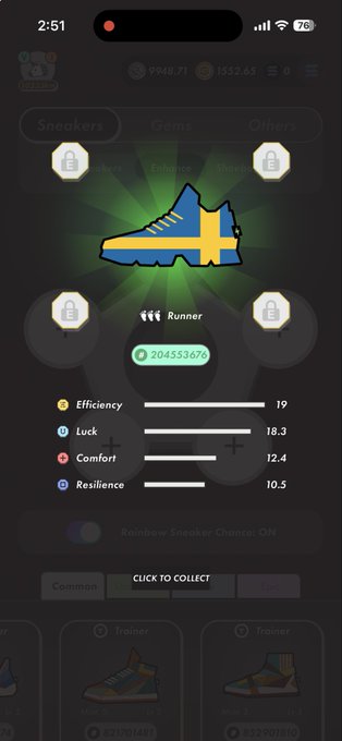 The image shows a phone screen displaying an app called "Stepn" with a blue shoe icon, which is designed for runners. The app has four different settings that can be adjusted according to individual preferences or requirements. The settings include comfort, resistance, and cushioning. There are also options for the type of shoes being used in the game, such as sneakers or running shoes.