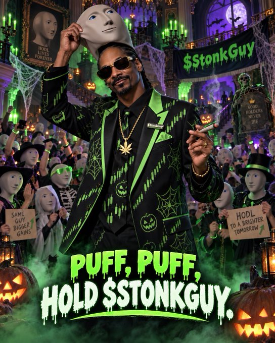 A Halloween-themed promotional graphic featuring a man in a green and black spiderweb-patterned suit, sunglasses, and gold chains, holding a mask and a cigar. The image includes text 'PUFF, PUFF, HOLD $STONKGUY' and '$StonkGuy' branding, with tombstones reading 'HODL FOREVER', 'GOOD HOLDER'S NEVER DIE', and a crowd holding signs like 'HODL TO A BRIGHTER TOMORROW' and 'SAME GUY BIGGER GAINS'.