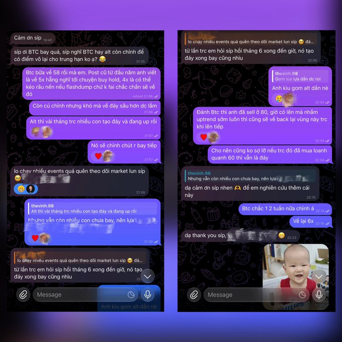 A screenshot of two side-by-side Telegram chats in Vietnamese discussing Bitcoin market drops, with users debating whether BTC will bounce from $58K support or continue falling, while expressing frustration at those shifting blame despite warnings—echoing the post's theme about accountability and people deflecting responsibility for their own trading decisions.
