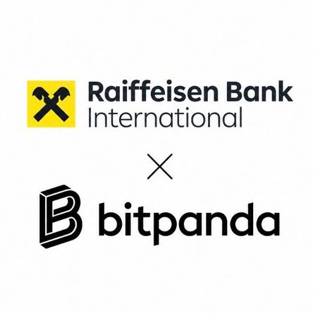 A promotional graphic showing the logos of Raiffeisen Bank International and bitpanda separated by an 'X'.