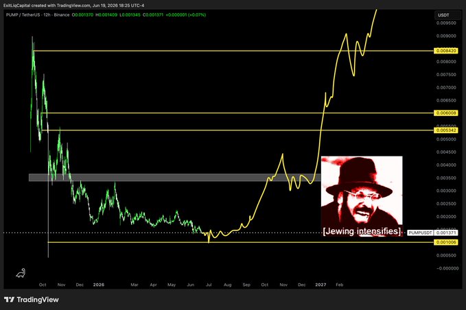 A TradingView chart of $PUMP/USDT on Binance shows a dramatic price surge from a low near $0.001371 in mid-2020 to over $0.009420 by early 2027, with a meme image of a bearded man in a hat captioned "[Jewing intensifies]" overlaid on the breakout area. The chart visualizes the post's claim of successfully calling the "stone cold bottom," as the yellow trend line traces the massive rally from that early low point.