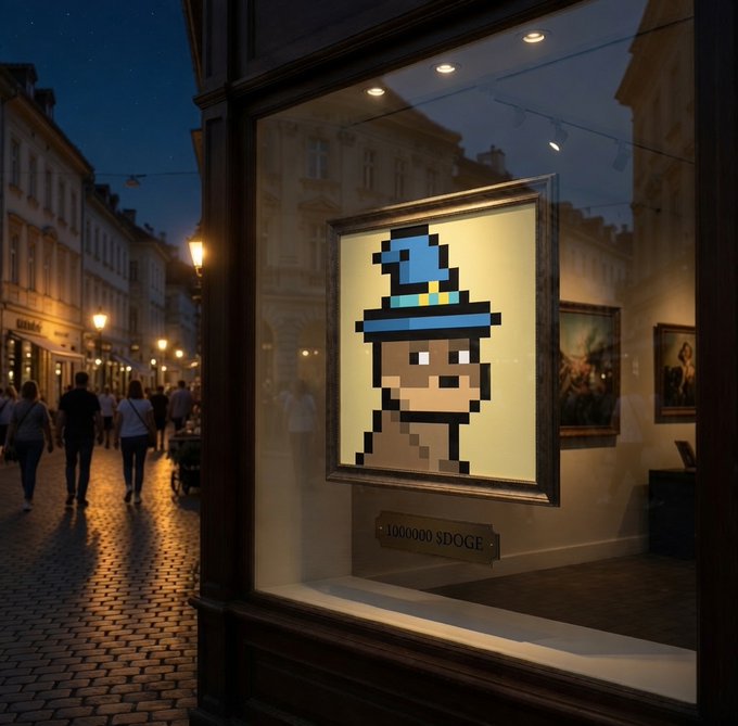 A pixel art portrait of a Shiba Inu dog wearing a blue wizard hat is displayed in a framed piece within a gallery window, with a plaque reading '1000000 $DOGE' beneath it, set on a cobblestone European street at dusk.