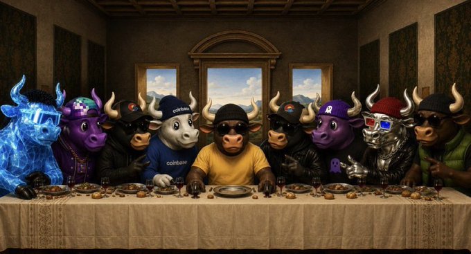 A parody of The Last Supper featuring crypto-themed characters as bulls and bears wearing branded hats (Coinbase, NBA), with empty plates on the table representing the 'crypto dinner' meme.