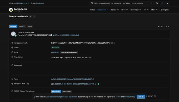 A screenshot of a RobinScan blockchain explorer page showing transaction details with 'ETH Price $2,726.21 (+4.04%)' and a transaction hash for transferring 0.00000000 eAD.