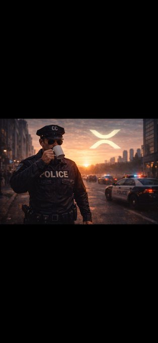 A cinematic illustration of a police officer drinking from a cup on a city street at sunset, with police cars in the background and a glowing 'X' symbol in the sky.