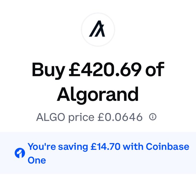 A Coinbase app screen displays a £420.69 purchase of Algorand (ALGO) at £0.0646 per token, highlighting a £14.70 savings through Coinbase One. The screenshot accompanies a post celebrating the ALGO buy, tagged with @coinbase and @PeraAlgoWallet.