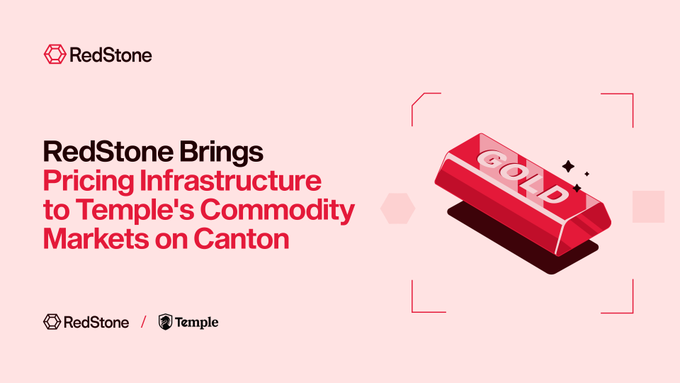 RedStone's branded graphic announces its partnership with Temple, featuring the headline "RedStone Brings Pricing Infrastructure to Temple's Commodity Markets on Canton" alongside an illustration of a gold bar marked "GOLD." The image visually reinforces the post's message about RedStone serving as the live data layer powering 24/7 price discovery for Temple's gold and silver markets on the Canton network.