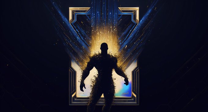 A dramatic silhouette of a muscular figure standing in front of a glowing geometric emblem with blue and gold lighting effects.