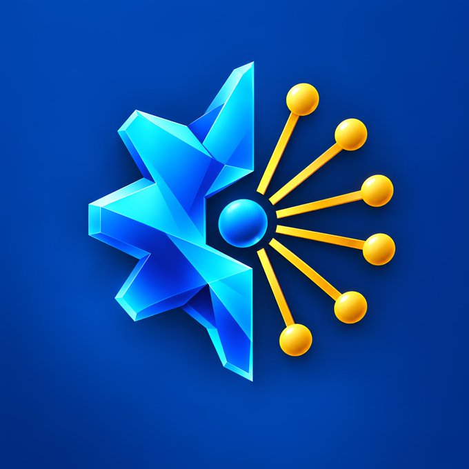 A digital graphic featuring a blue crystal-like geometric shape on the left and yellow orbs radiating outward from a central sphere against a deep blue background.