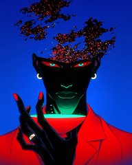 A dark, stylized digital illustration features a menacing figure with glowing red eyes, smoke rising from their head, wearing a red suit and silver hoop earrings against a deep blue background.