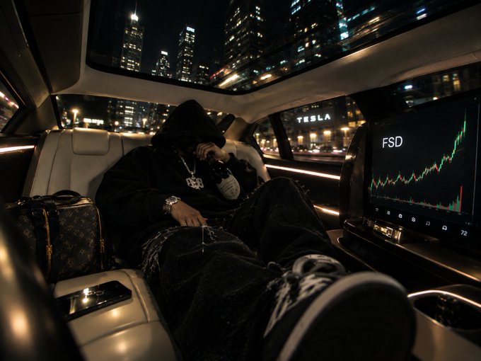 A person in a black hoodie relaxes in the back seat of a Tesla vehicle at night, with the dashboard screen displaying a stock chart labeled "FSD" and a "TESLA" storefront visible through the window.