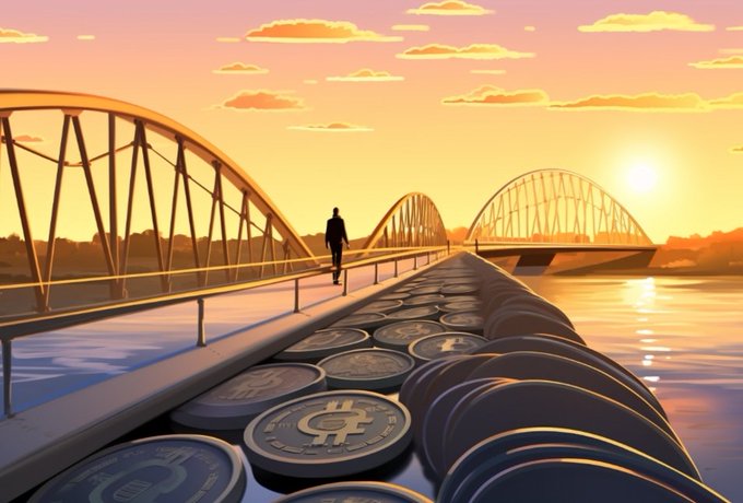 An illustration of a silhouette of a person walking on a bridge at sunset, where the pathway is composed of large coins with dollar signs and other currency symbols.