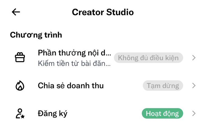 A screenshot of a 'Creator Studio' interface in Vietnamese, displaying programs like 'Phần thưởng nội dung' (Content Rewards) marked 'Không đủ điều kiện', 'Chia sẻ doanh thu' (Revenue Sharing) marked 'Tạm dừng', and 'Đăng ký' (Registration) marked 'Hoạt động'.
