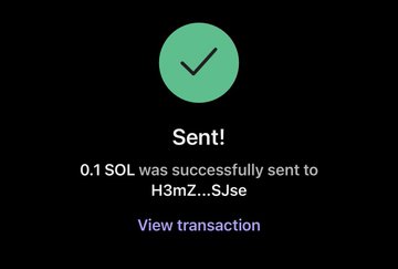A green confirmation screen with a checkmark displays "Sent!" above text reading "0.1 SOL was successfully sent to H3mZ...SJse," along with a "View transaction" link. It visually confirms the transaction of 0.1 SOL to the tagged users mentioned in the post.