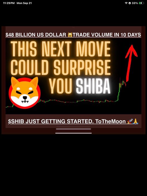 A mobile screenshot of a promotional graphic for SHIB cryptocurrency, featuring a Shiba Inu dog logo, a stock chart with an upward red arrow, and the text '$48 BILLION US DOLLAR TRADE VOLUME IN 10 DAYS', 'THIS NEXT MOVE COULD SURPRISE YOU SHIBA', and '$SHIB JUST GETTING STARTED. ToTheMoon'.